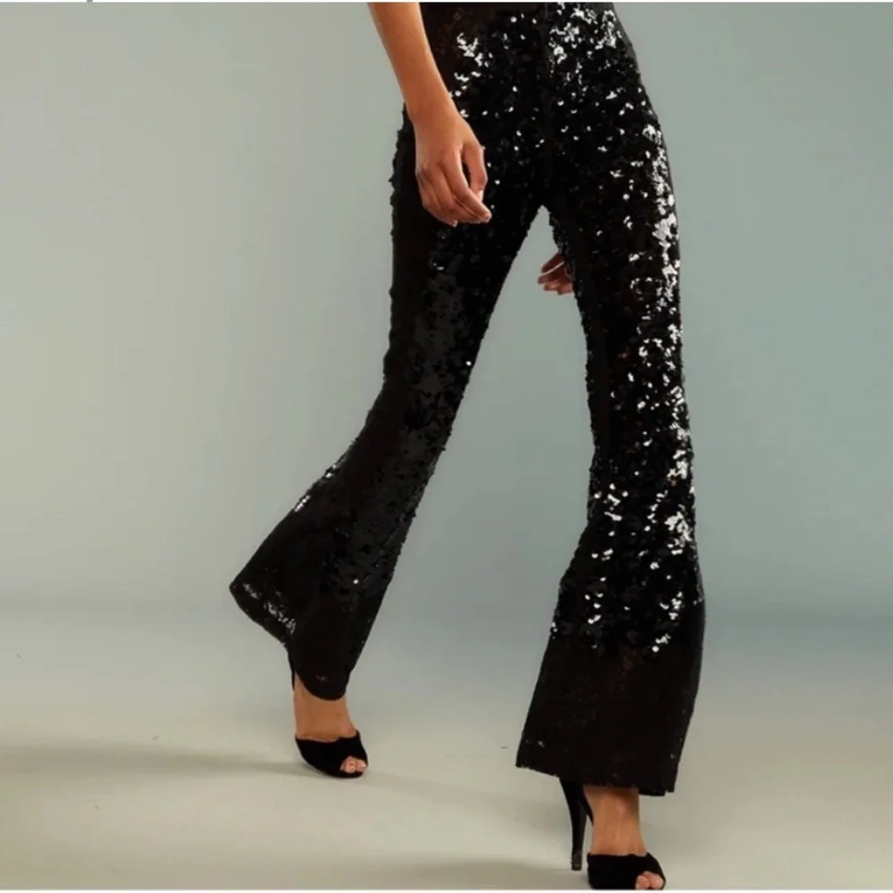 Cynthia Rowley NWT Black Sequin & Lace Flared Leg Pants 4 Studio 54 Disco - Picture 2 of 13
